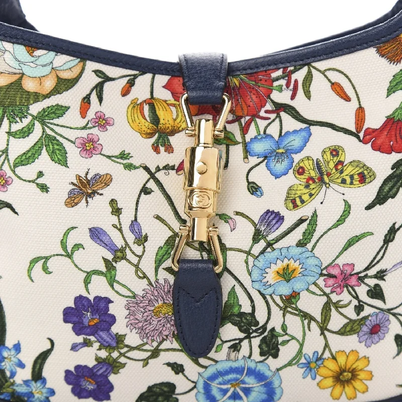 Women Gucci crossbody bags with a printed floral patternGucci Jackie Flora Canvas White Blue Agata Hobo Bag 550152