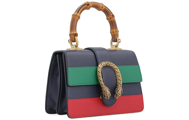 Women Gucci Sylvie bags with a monogram - embossed leather(WMNS) GUCCI Dionysus Tiger Head Bamboo Stripe Webbing Colorblock Leather handbag Mini Navy Blue / Green / Red Retro 523367-CWLMT-8543