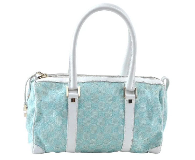 Women Gucci Sylvie bags featuring the signature web stripeAuthentic GUCCI Hand Boston Bag GG Canvas Leather 0000851 Light Blue 8059J