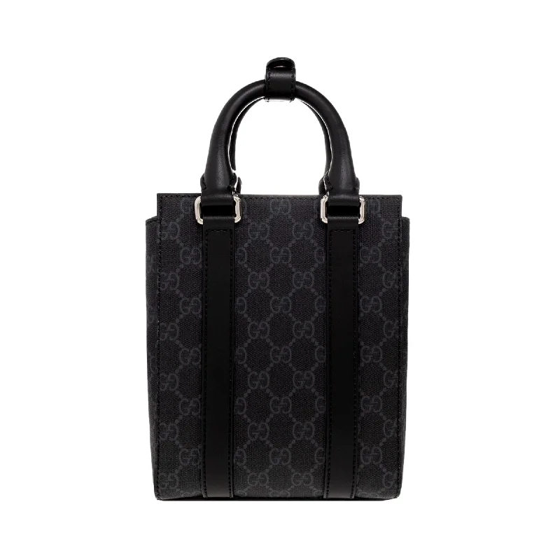 Gucci handbags for women with a back - zip pocketGucci GG Supreme Monogram Black Canvas Leather Trim Web Strap Mini Tote Bag