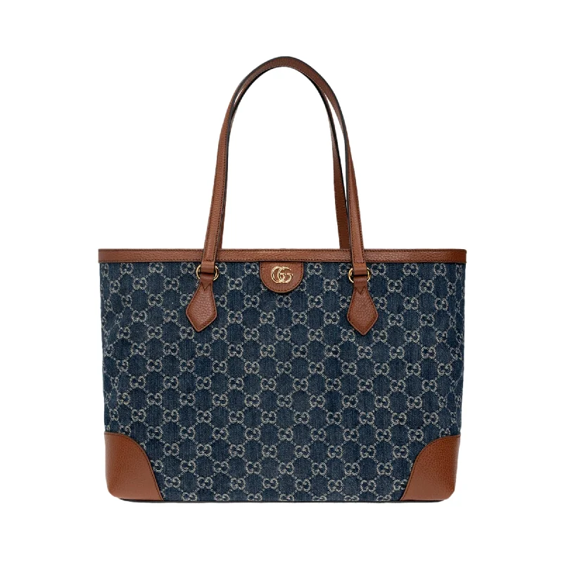 Ladies Gucci shoulder bags with a single - handle designGucci Ophidia GG Denim Leather Trim Medium Shopping Tote