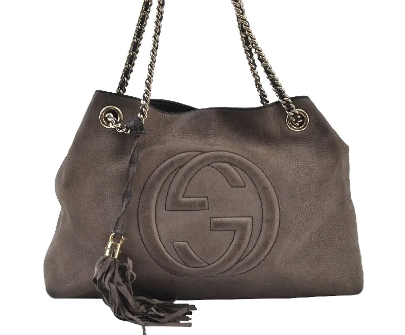 Women Gucci bags with a detachable mobile phone holderAuthentic GUCCI SOHO Tassel Shoulder Tote Bag Chain Leather 303982 Brown K9535