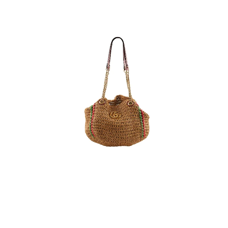 Women Gucci bags with a zip - around closure for securityGucci GG Marmont Limited Edition Raffia Chain Tote Natural Red/Green