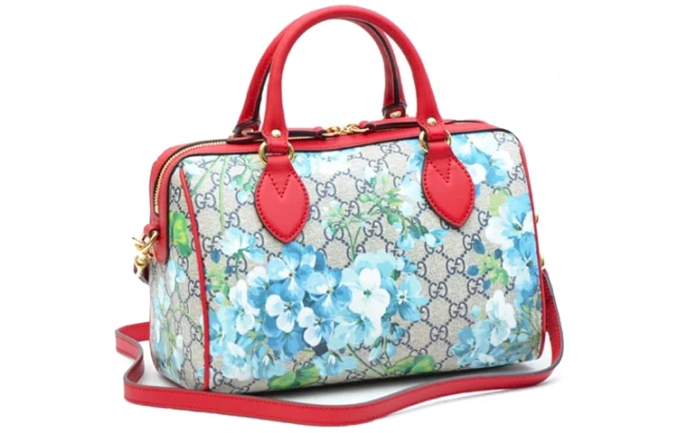 Women Gucci Sylvie bags featuring the signature web stripe(WMNS) GUCCI Blooms Logo Printing Boston handbag Small Blue / Red Classic 546314-KU2IG-8492