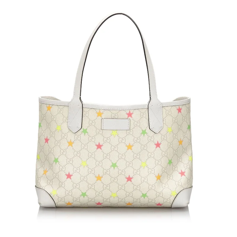 Women Gucci bags with a front - zip pocket for small itemsGucci White Ivory Coated Canvas Fabric GG Supreme Star Tote Bag Italy