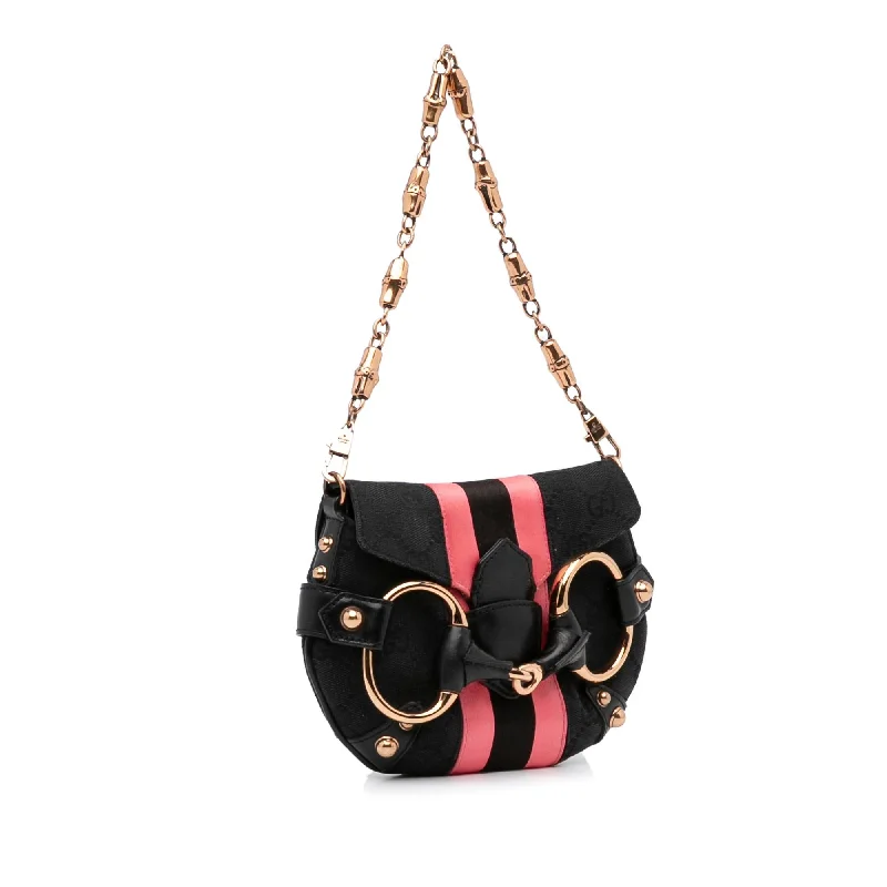 Women Gucci crossbody bags with a woven leather strapGucci GG Canvas Horsebit Chain Baguette (SHG-FcwgFl)