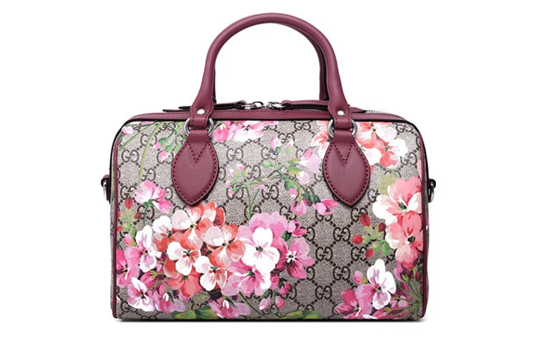 Medium - sized Women Gucci handbags for everyday use(WMNS) GUCCI GG Blooms Logo Printing Canvas Boston Small Ebony / Pink / Wine Red Handbag 409529-KU2IN-8693