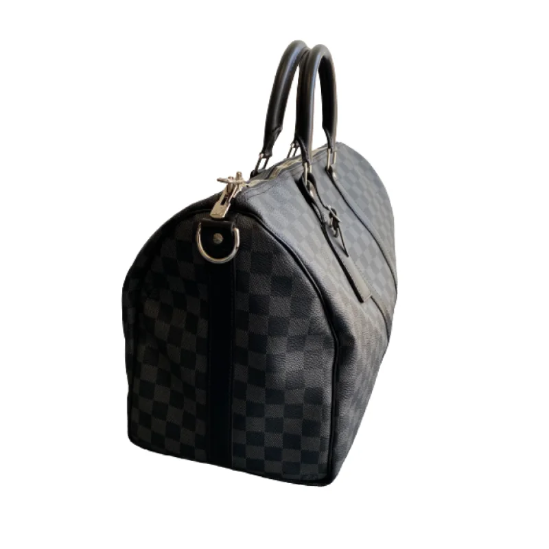 Louis Vuitton bags with a chain - link trim and a leather body for a modern edgeLouis Vuitton Black Canvas Keepall Bandouliere 45 travel bag