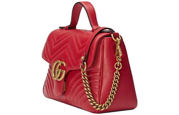 Women Gucci crossbody bags with a keychain holder(WMNS) GUCCI GG Marmont Gold Logo Distress Leather Chain handbag Small Red Classic 498110-DTDIT-6433