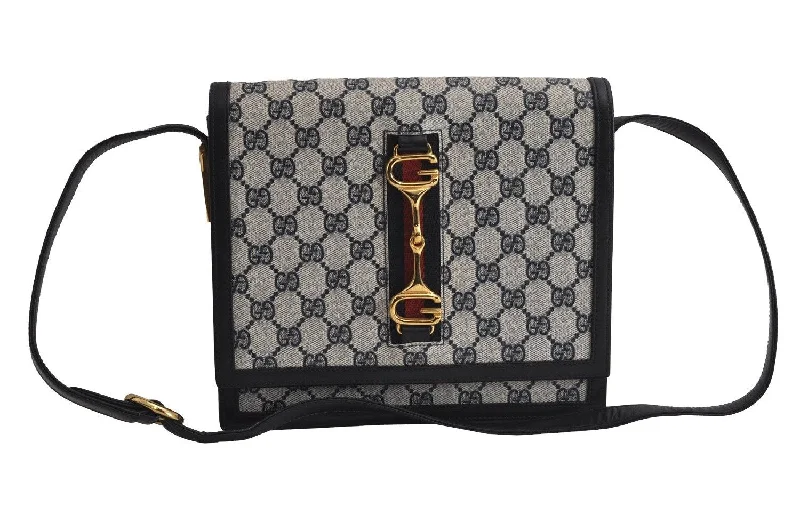 Ladies Gucci shoulder bags with a wide - width strapAuthentic GUCCI Sherry Line Shoulder Cross Bag GG PVC Leather Navy Junk 7993J