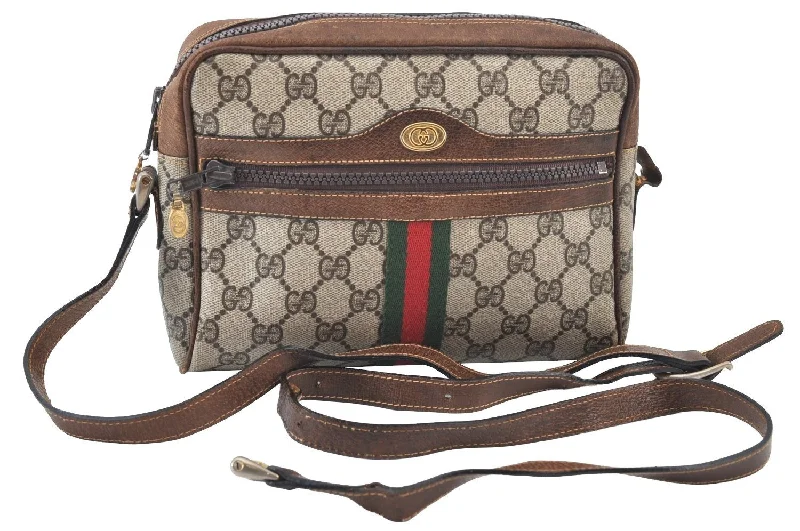 Gucci Dionysus bags for women with tiger - head claspsAuth GUCCI Web Sherry Line Shoulder Cross Bag GG PVC Leather Brown Junk J6597