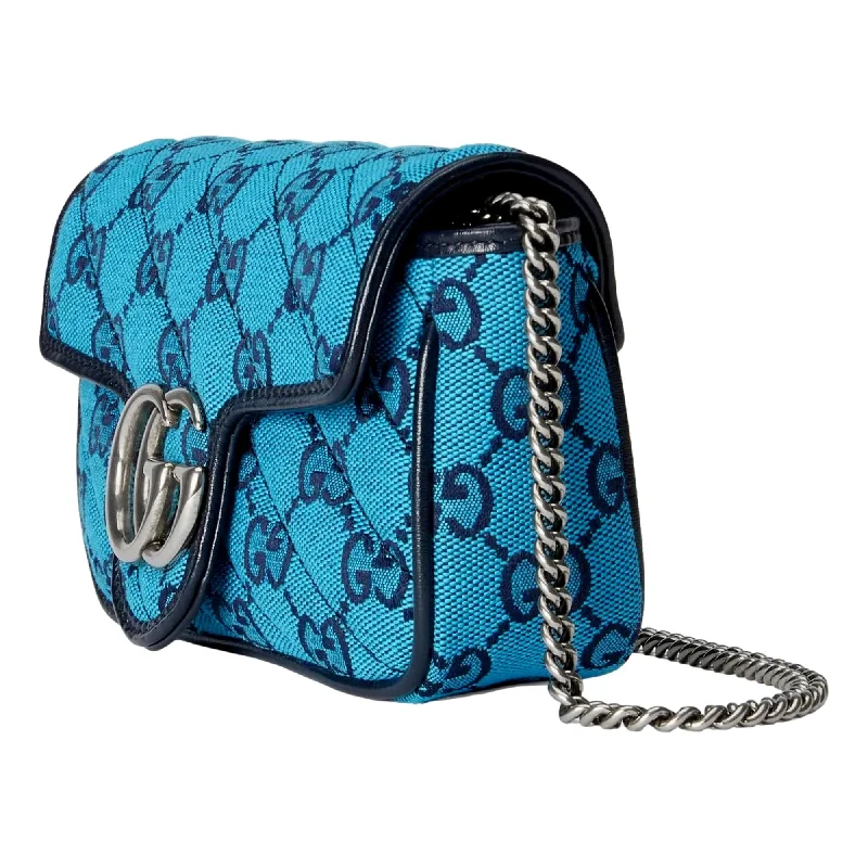 Women Gucci bags with a snap - button closure and a decorative charmGucci Flap Marmont Matelasse Blue Printed Canvas Shoulder Bag 443497