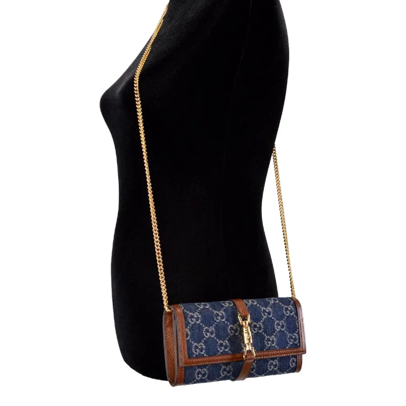 Women Gucci crossbody bags with a keychain holderGucci Jackie 1961 GG Monogram Blue Denim Leather Trim Chain Wallet