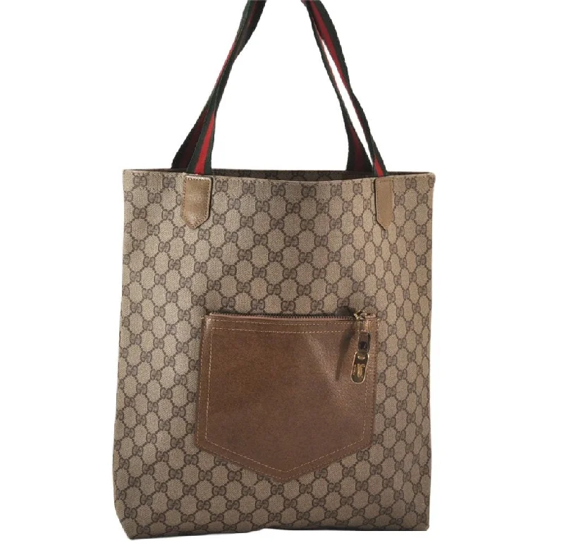 Gucci backpacks for women with a sleek silhouetteAuthentic GUCCI Web Sherry Line Shoulder Tote Bag GG PVC Leather Brown 7696K