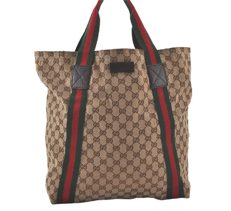 Gucci tote bags for women with a double - handle designAuthentic GUCCI Web Sherry Line Shoulder Tote Bag GG Canvas Leather Brown 7684K