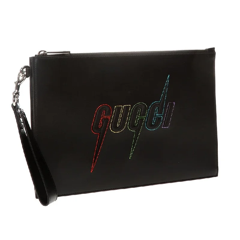 Women Gucci Sylvie bags featuring the signature web stripeGucci Blade Embroidered Black Leather Pouch Wristlet Bag 597678