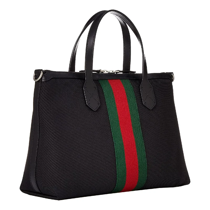 Women Gucci bags with a magnetic snap closure for easy accessGucci Black Canvas Web Stripe Large Tote Handbag 619750