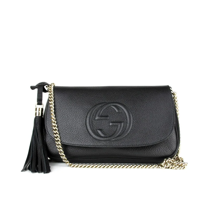 Women Gucci crossbody bags with a woven leather strapGucci Soho Disco GG Black Tassel Chain Crossbody Bag 536224