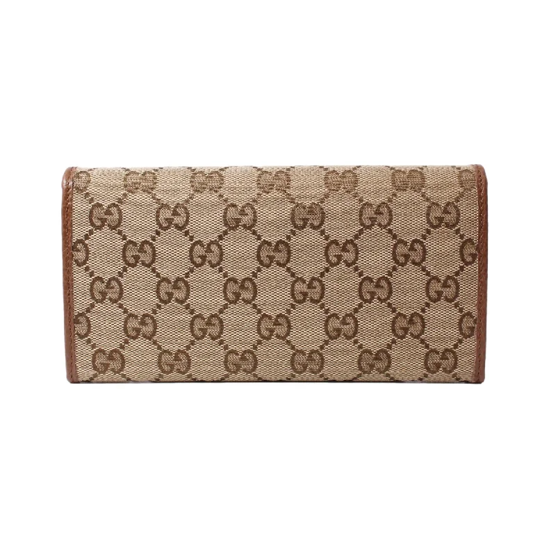 Women Gucci bags with a front - flap pocket for quick - access itemsGucci Original Beige GG Canvas Brown Leather Trim Long Wallet