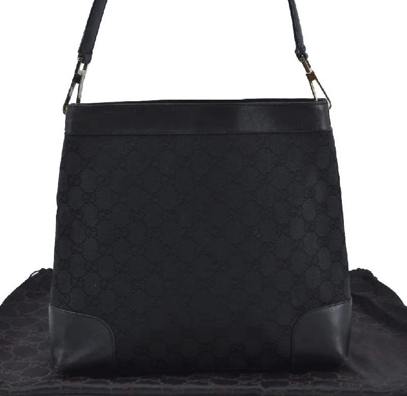 Gucci tote bags for women with a double - handle designAuthentic GUCCI Shoulder Bag GG Canvas Leather 0014231 Black Junk K9583