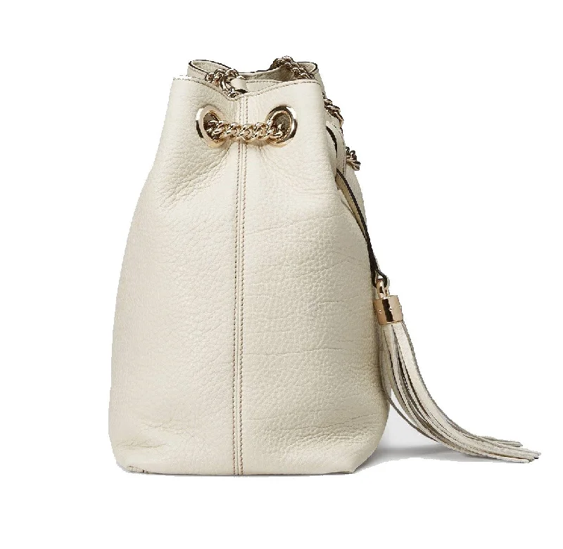 Ladies Gucci shoulder bags with a magnetic - closure flapGucci Soho GG Ivory Leather Chain Shoulder Bag 536196