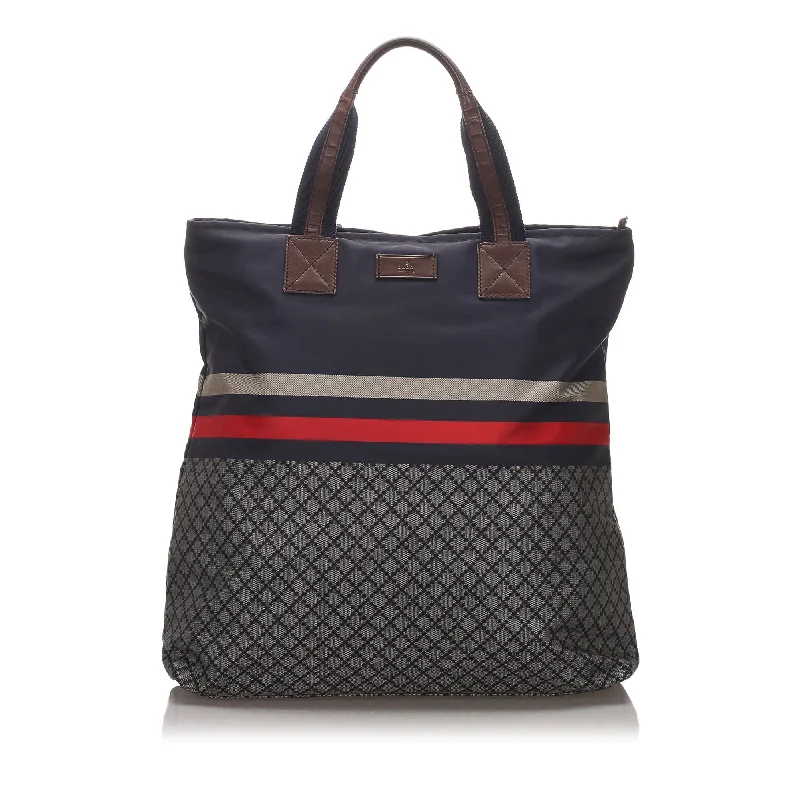 Women Gucci Sylvie bags with a leather - wrapped handleGucci Black Nylon Fabric Diamante Web Tote Bag Italy