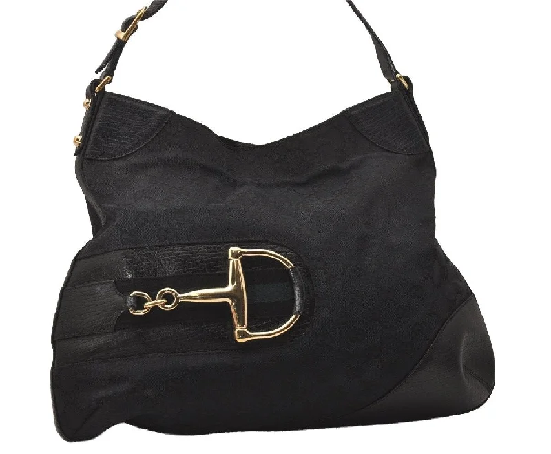 Women Gucci bags with a zippered interior pocketAuthentic GUCCI Sherry Line Horsebit Shoulder Bag GG Canvas 137386 Black 8089J