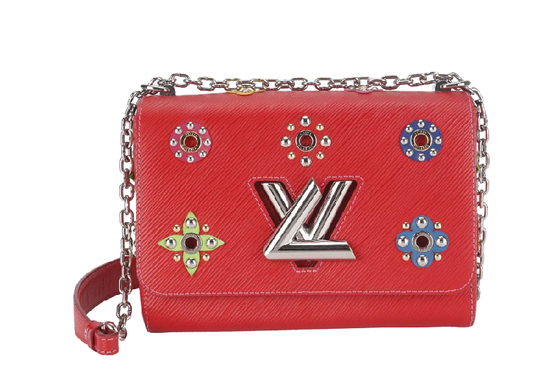 Louis Vuitton bags with a chain - link trim and a leather body for a modern edgeLOUIS VUITTON TWIST LIMITED EDITION MECHANICAL FLOWERS BAG MM RED EPI LEATHER SILVER HARDWARE WITH DUST COVER