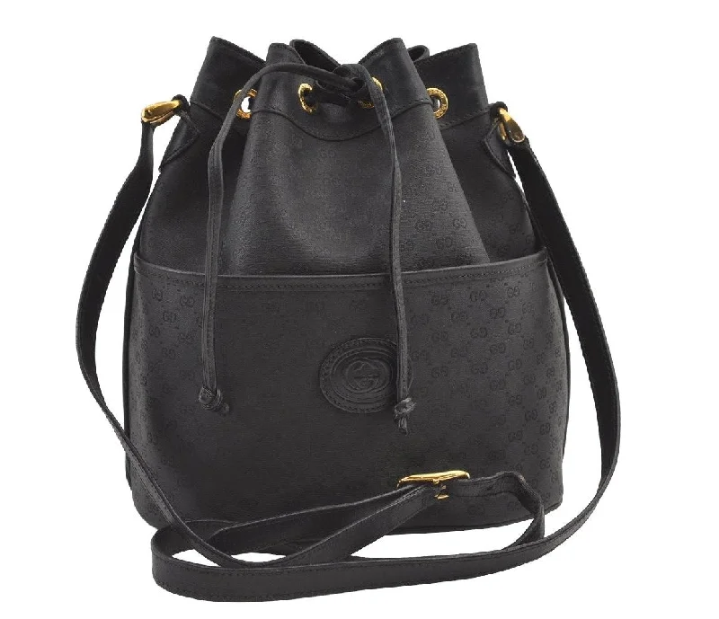 Women Gucci Sylvie bags with a crystal - embellished web stripeAuthentic GUCCI Micro GG PVC Leather Shoulder Drawstring Bag Black Junk 7476J