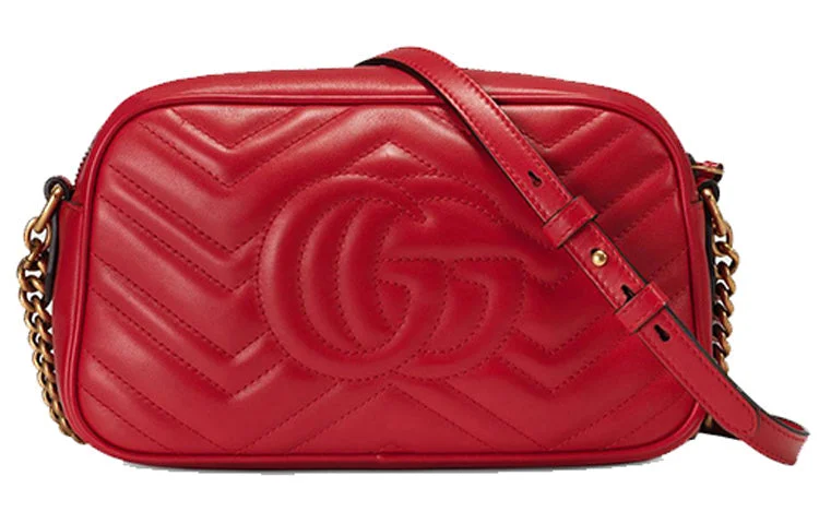 Small - sized Women Gucci shoulder bags for evening outings(WMNS) GUCCI GG Marmont Gold Logo Leather Chain Small Red Classic Shoulder Messenger Bag 447632-DTD1T-6433