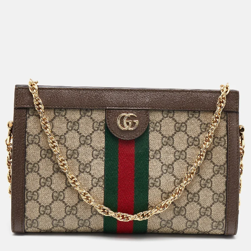 Gucci Marmont bags for women with a contrast - colored interiorGucci Beige/Brown GG Supreme Canvas  Ophidia Shoulder Bag