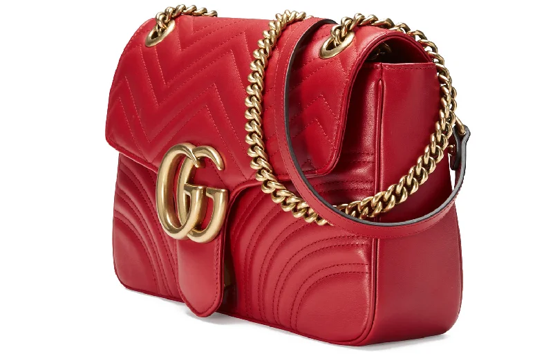 Women Gucci bags with a front - zip pocket for small items(WMNS) GUCCI GG Marmont Gold Logo Distress Leather Chain Shoulder Messenger Bag Red Classic 443496-DTDIT-6433