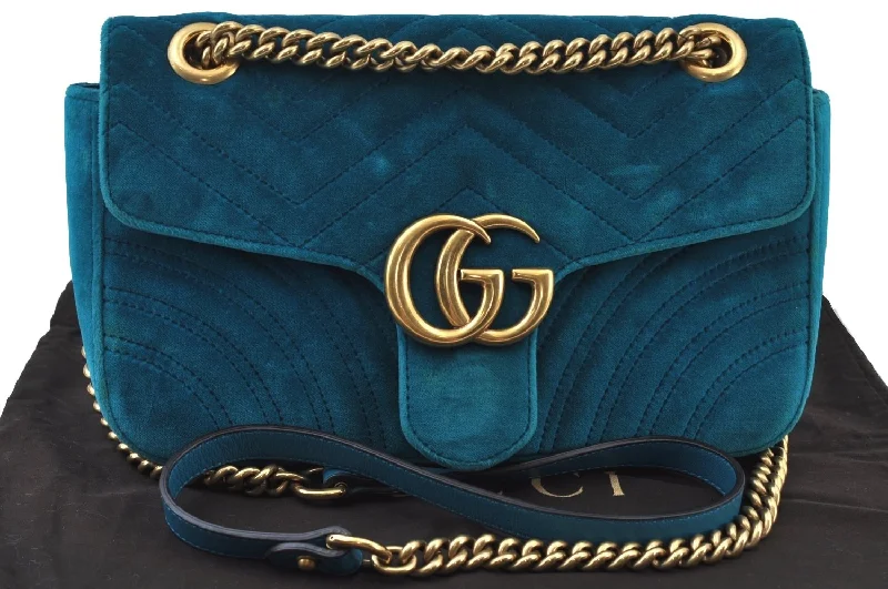 Gucci crossbody bags for women with adjustable leather strapsAuthentic GUCCI GG Marmont Chain Shoulder Cross Bag Velour 443497 Blue K9380