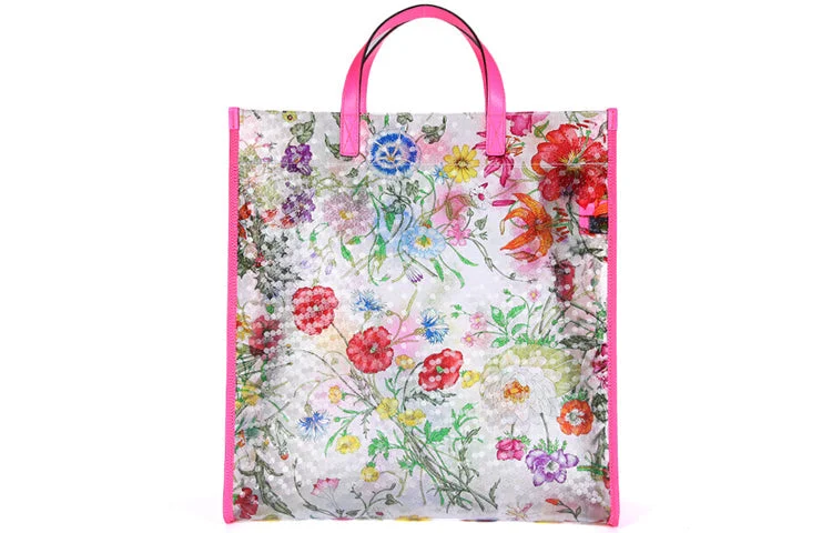 Ladies Gucci shoulder bags with a wide - width strap(WMNS) GUCCI Metallic Tiger Head Adornment Flowers Printing PVC Tote Pink Handbag 548713-91EB0-8859