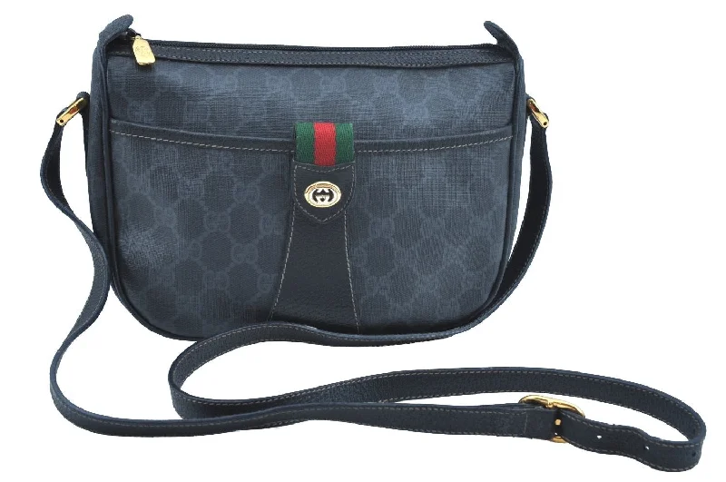 Women Gucci Sylvie bags with a leather - wrapped handleAuthentic GUCCI Web Sherry Line Shoulder Cross Bag GG PVC Leather Black K9556