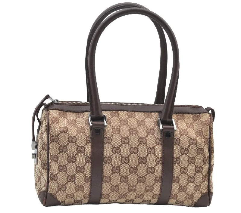 Women Gucci bags with a snap - button closure and a decorative charmAuthentic GUCCI HandBag Canvas Leather Brown K9594