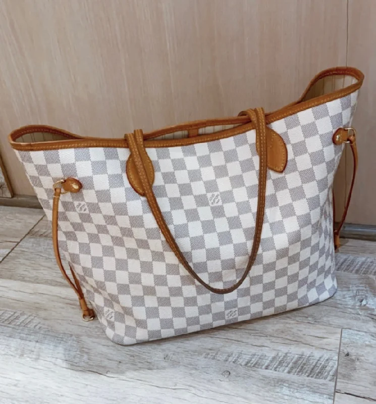 Louis Vuitton bags with a chain - link trim and a leather body for a modern edgeLOUIS VUITTON DAMIER AZUR NEVERFULL