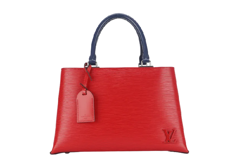 Louis Vuitton bags with a chain - link trim and a leather body for a modern edgeLOUIS VUITTON KLEBER PM RED EPI LEATHER SILVER HARDWARE WITH STRAPS AND DUST COVER