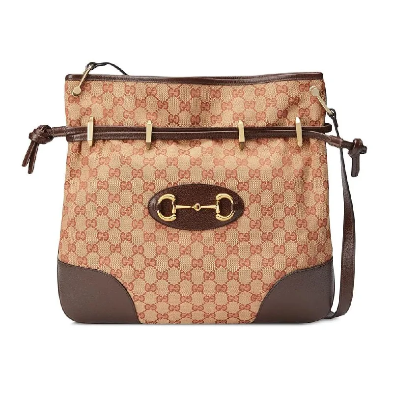 Women Gucci bags with a chain - link trim and a leather bodyGucci 1955 Horsebit Beige Canvas Drawstring Messenger Bag 602089