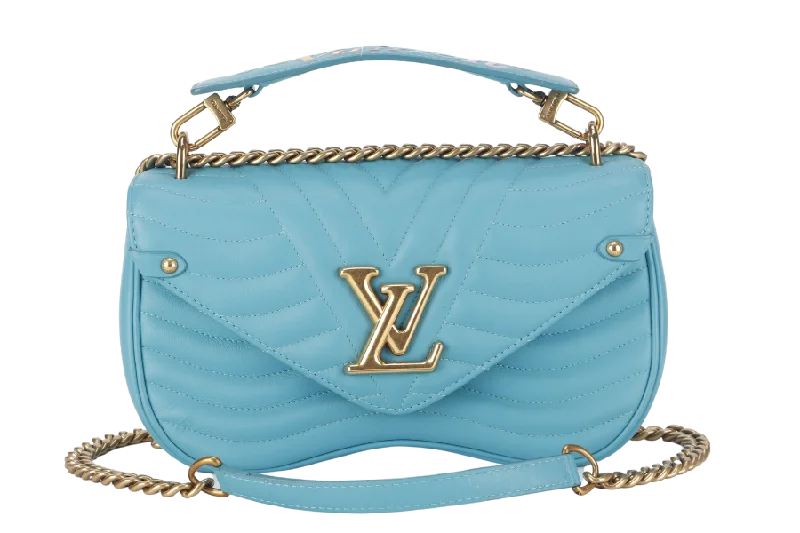 Louis Vuitton bags with a chain - link trim and a leather body for a modern edgeLOUIS VUITTON NEW WAVE CHAIN BAG MM (M51946) BLUE CALFSKIN GOLD HARDWARE NO DUST COVER