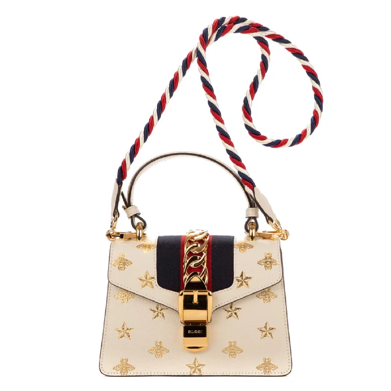 Gucci handbags for women with a patent - leather finishGucci White Calfskin Mini Sylvie Bee Star Top Handle Bag