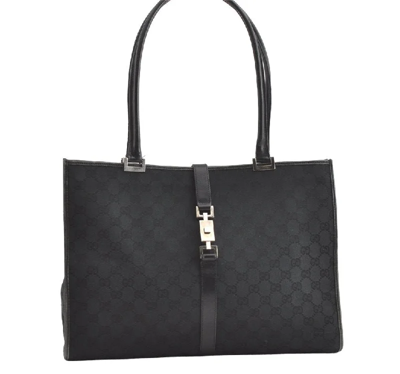 Women Gucci Sylvie bags with a leather - wrapped handleAuthentic GUCCI Jackie Shoulder Tote Bag GG Canvas Leather 0021074 Black 7246J