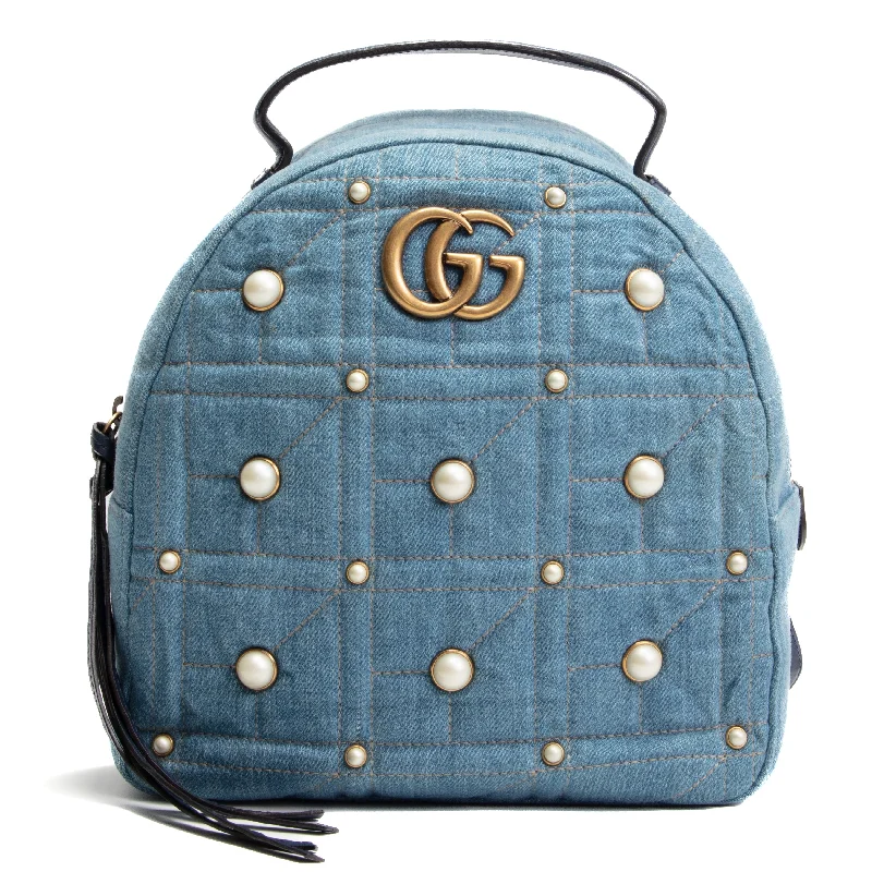 Women Gucci bags with a detachable mirror insideGUCCI Denim Pearly GG Marmont Backpack