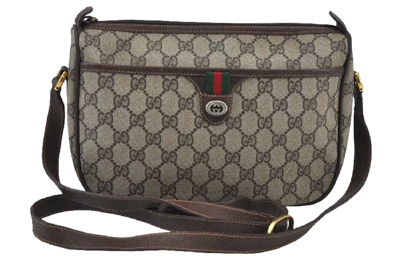 Gucci handbags for women with a metal - framed claspAuthentic GUCCI Web Sherry Line Shoulder Cross Bag GG PVC Leather Brown K9500