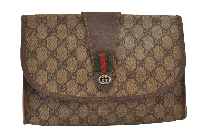 Women Gucci Sylvie bags with a detachable ribbon detailAuthentic GUCCI Web Sherry Line Clutch Hand Bag GG PVC Leather Brown Junk 6848J