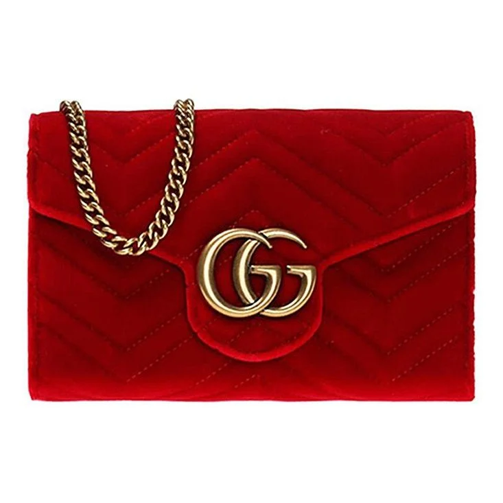 Ladies Gucci shoulder bags with a magnetic - closure flap(WMNS) GUCCI GG Marmont Gold Logo Distress Velvet Chain Shoulder Messenger Bag Mini Red 474575-9QIDT-6433