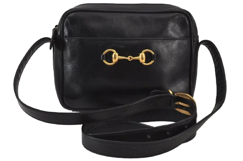 Women Gucci bags with interlocking G hardware for a classic lookAuthentic GUCCI Horsebit Shoulder Cross Body Bag Purse Leather Black Junk 8098J