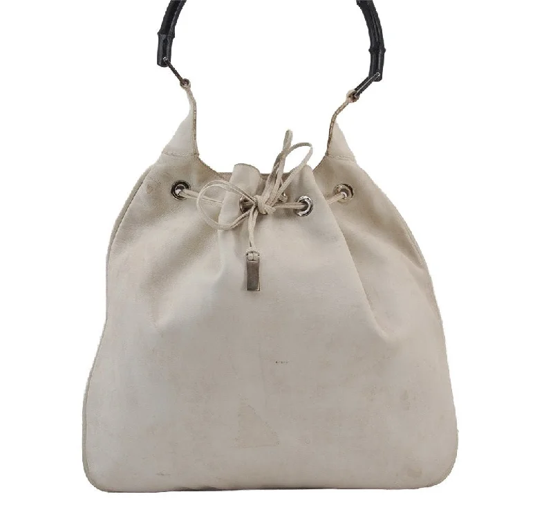 Medium - sized Women Gucci handbags for everyday useAuthentic GUCCI Bamboo Drawstring Shoulder Hand Bag Leather 0014006 White 6850J