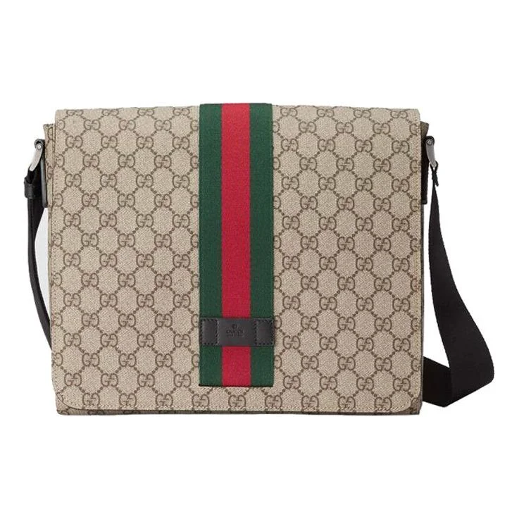 Women Gucci Sylvie bags featuring the signature web stripeGUCCI Logo Stripe Webbing Leather Logo Canvas Shoulder Messenger Bag / Black 475432-KHNGN-9692