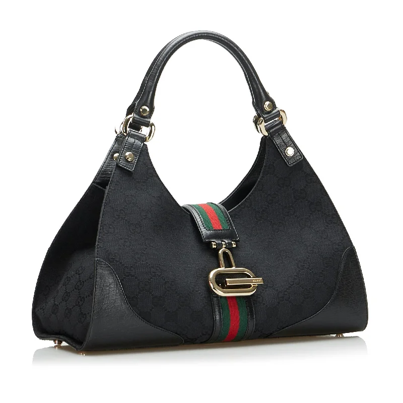 Ladies Gucci shoulder bags with a single - handle designGucci GG Canvas Web Junco Handbag (SHG-DbmsQf)